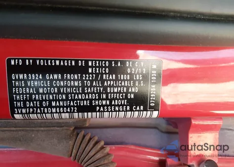 2013 Volkswagen Beetle 2.5L Entry из США, поврежденный, VIN 3VWFP7AT8DM660472